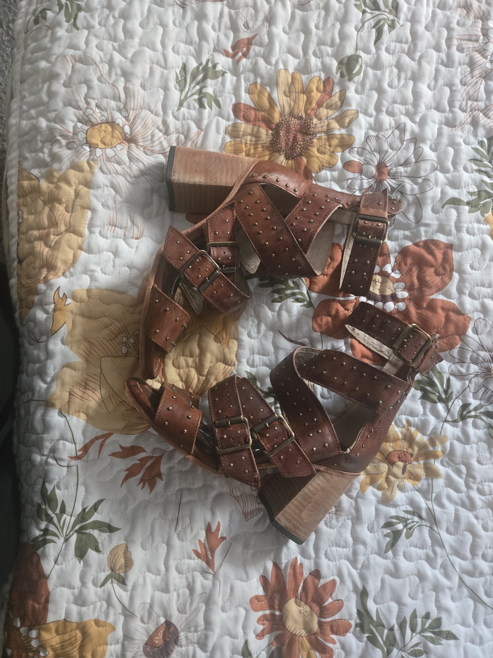 Freebird by Steven TANICA Cognac Brown Studded Strappy Block Heel Sandals